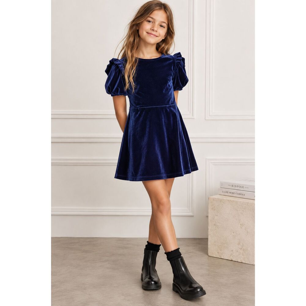 ZARA Navy Blue Velvet Puff Sleeve Party Mini Dress Girls Size 10